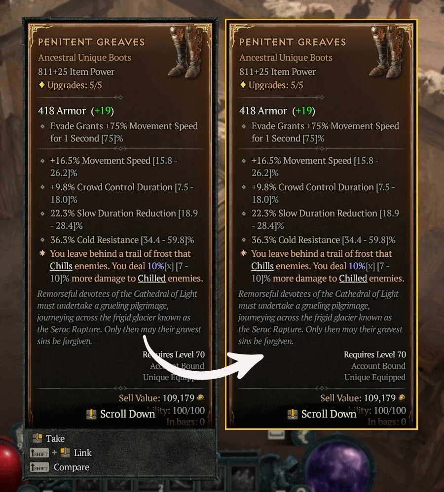 Two Diablo IV items side by side, the right one cropped automatically